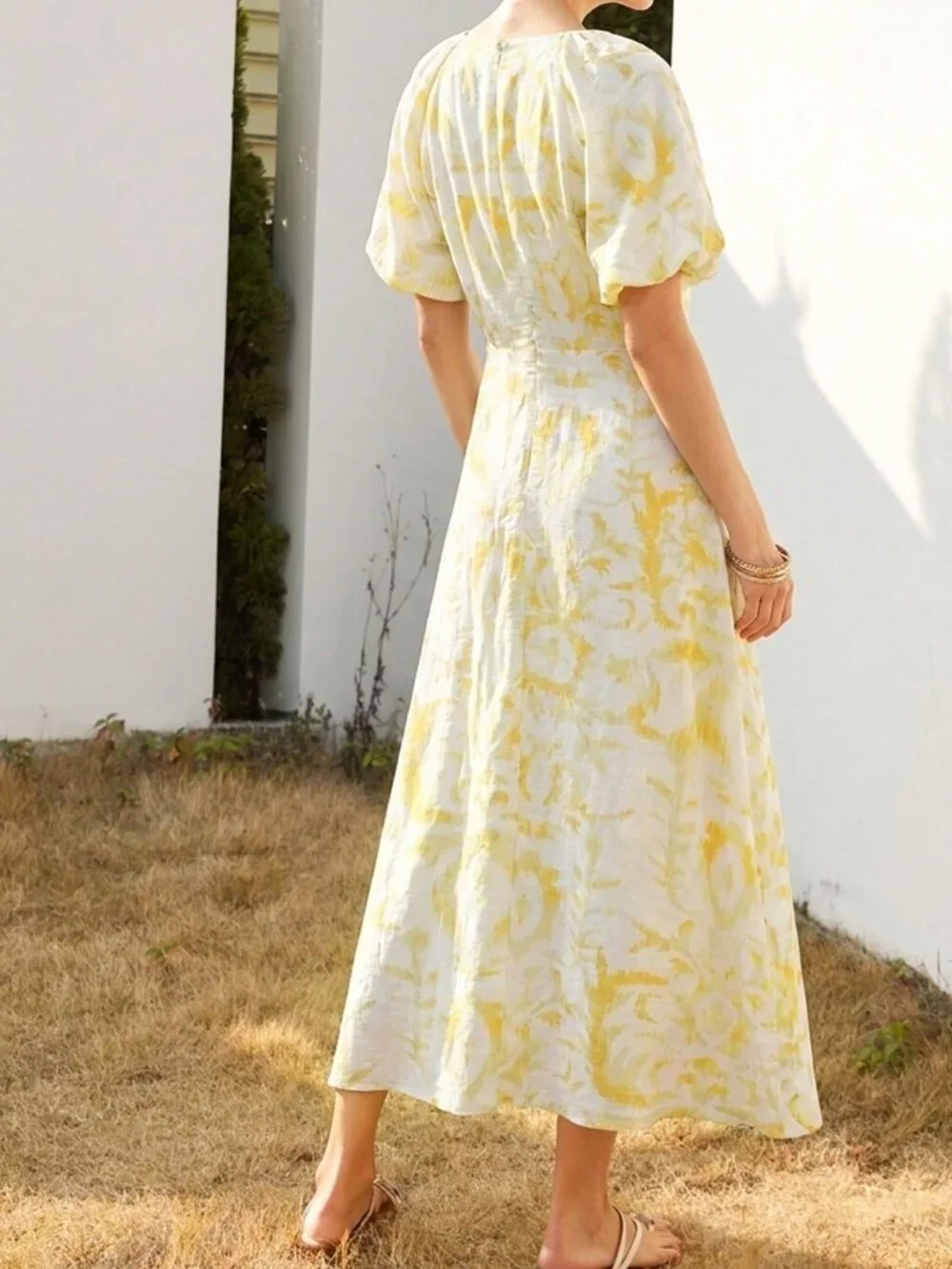 Light Yellow Boho Women's Bamboo Knit Floral Print Short Sleeve Cinched Dress